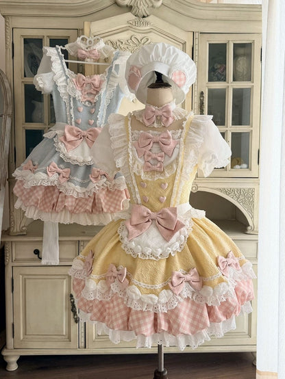 Light Yellow Pastry Chef Theme Bow Lace Trim Short Sleeve Lolita OP with Plaid - Asleep Townlet