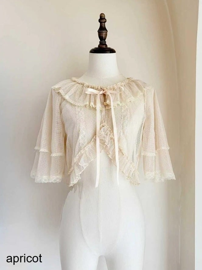 White and Apricot Short Sleeve Sheer Lolita Cardigan with Soft Drape