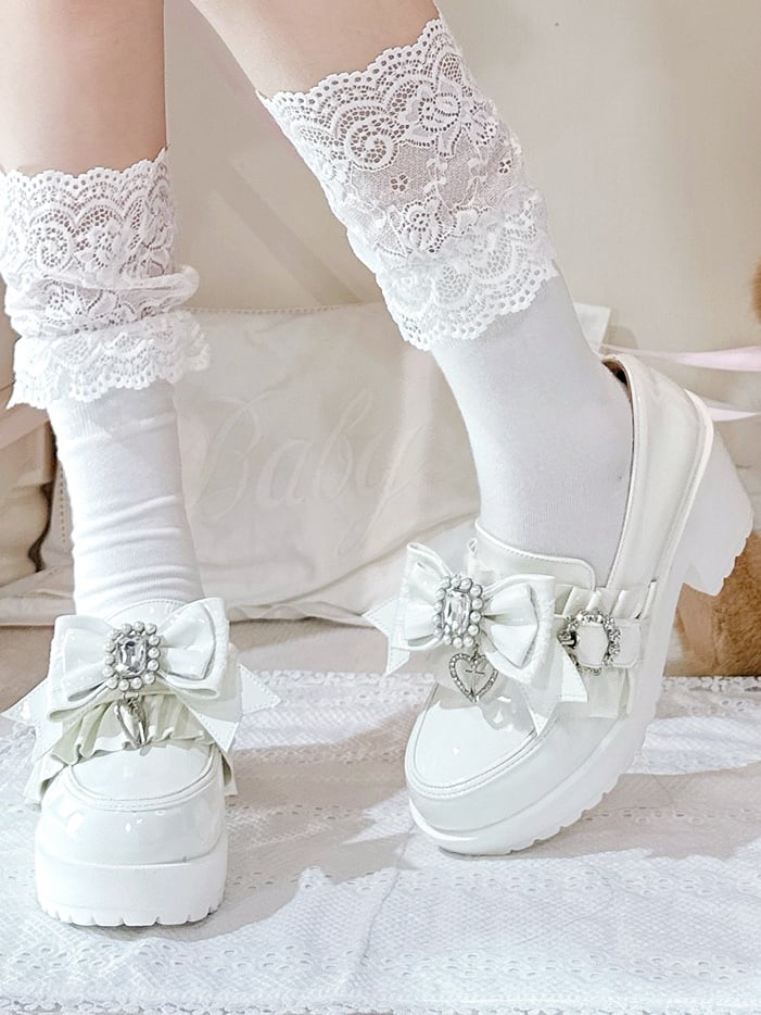 Jirai PU Kei White Bow Bead High Leather Rhinestone Polished Heels with 7.5cm