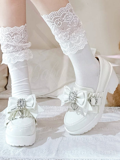 Jirai PU Kei White Bow Bead High Leather Rhinestone Polished Heels with 7.5cm