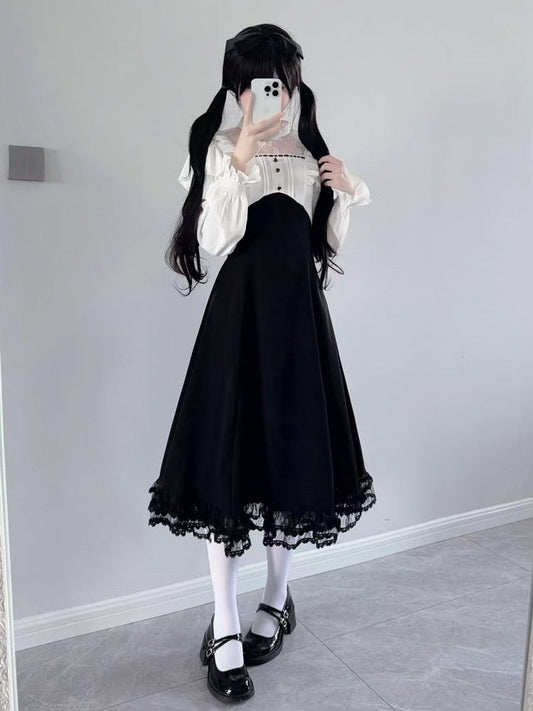 Long-Sleeve Design Dress Panel White Jirai Kei Ruffled Lace Black