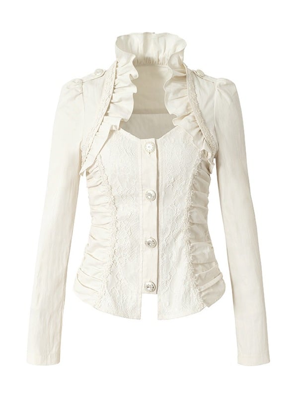 Rococo Punk White Faux Two-Piece Long Sleeve Blouse with Lace and Ruffle Trim - NO ROMANCE