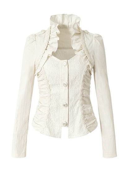 Rococo Punk White Faux Two-Piece Long Sleeve Blouse with Lace and Ruffle Trim - NO ROMANCE