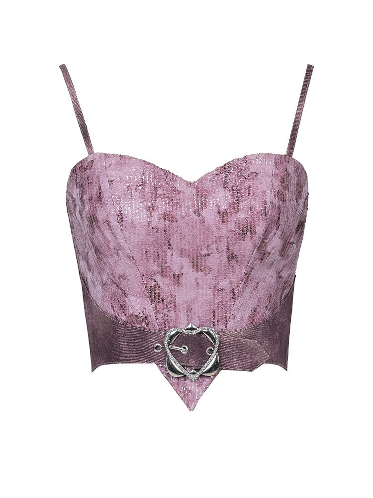 Pastel Rhinestone Cami Y2K Sequin Denim Buckle Top Punk Heart with Belt Pink