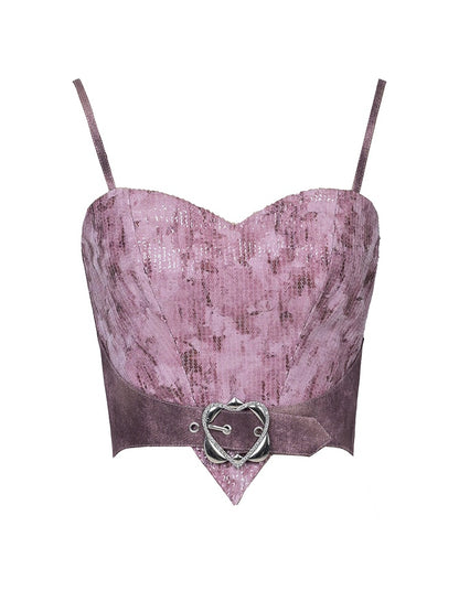 Pastel Rhinestone Cami Y2K Sequin Denim Buckle Top Punk Heart with Belt Pink