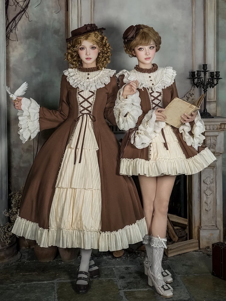 and Beige Ruffle Neckline Brown Sleeves Dress Lolita Bell Version Short