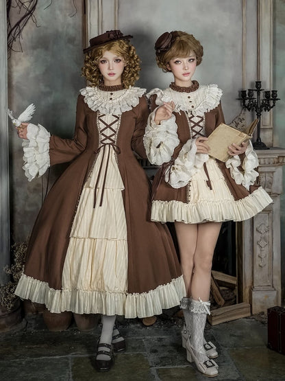 and Beige Ruffle Neckline Brown Sleeves Dress Lolita Bell Version Short