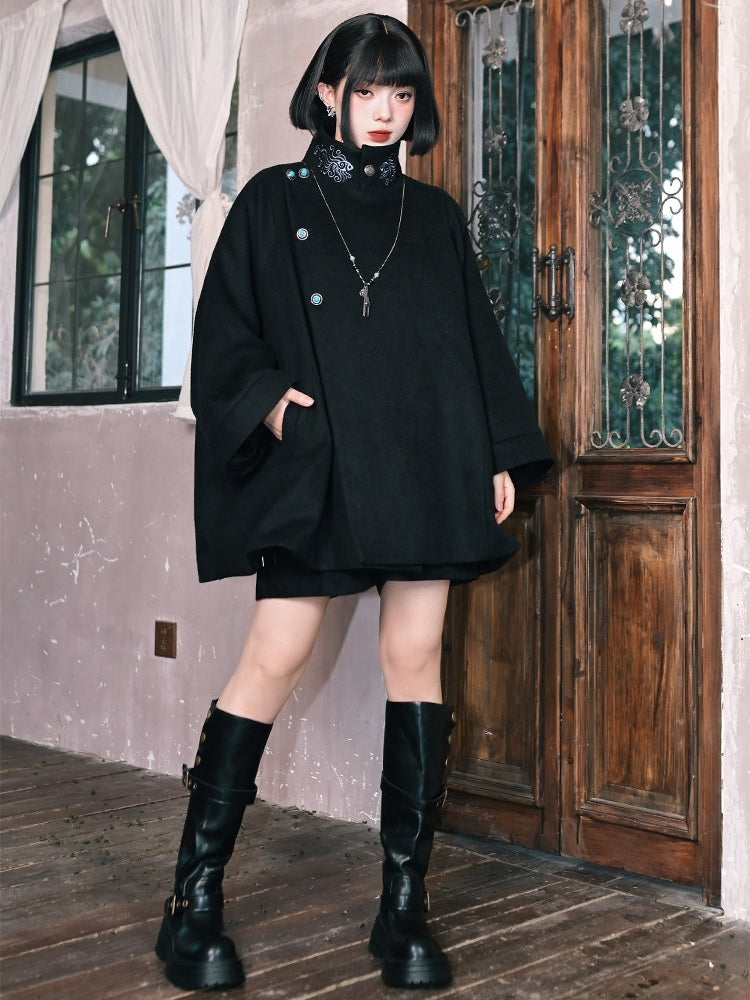 Cape Placket Banded Black Gothic Coat Button - Embroidery Collar Goldfish Single-breasted