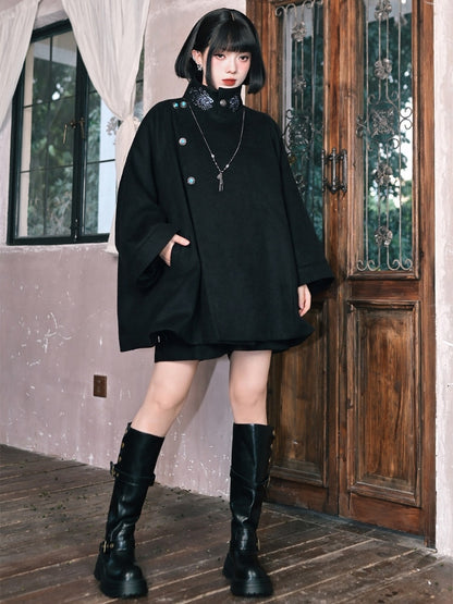 Cape Placket Banded Black Gothic Coat Button - Embroidery Collar Goldfish Single-breasted