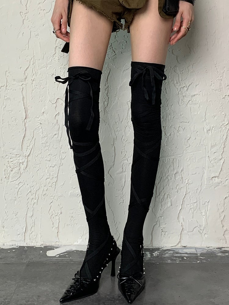 Crisscross Overknee Selbstbindende Strümpfe Straps Weiß/Schwarz/Grau