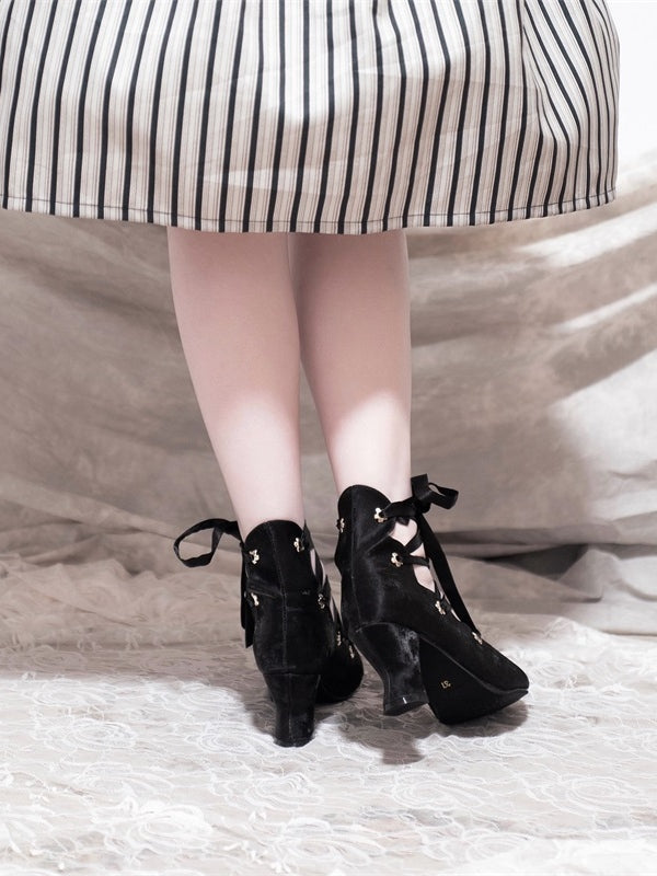 Pointed - High-heel Lace-up Design Lolita Toe Black Shoes Closure Elegant