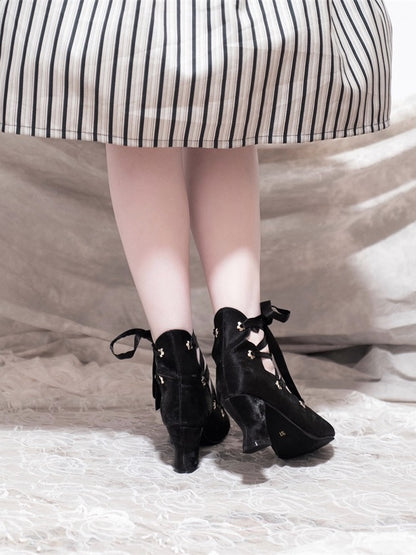 Pointed - High-heel Lace-up Design Lolita Toe Black Shoes Closure Elegant
