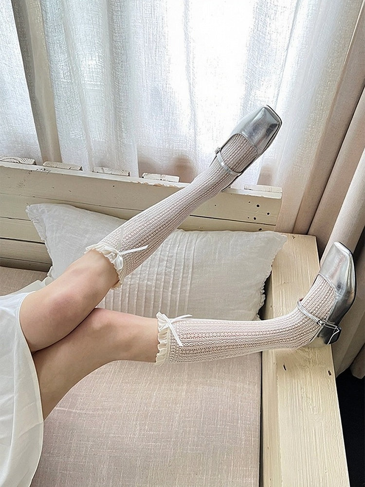 Lace Pattern Bow Calf Socks with Ruffled Cuff - ModaSwings