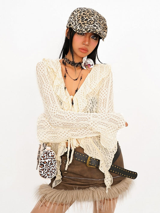 Beige Wasteland Cardigan with Bell Sleeves Punk Lace V-Neck Ruffled