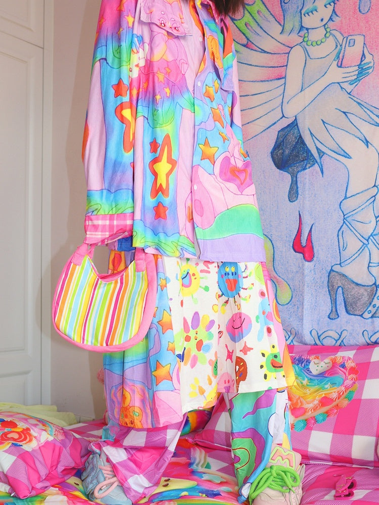 Y2K Print Star Colorful Pants Pattern Plaid Flare Silhouette