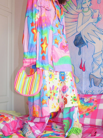 Y2K Print Star Colorful Pants Pattern Plaid Flare Silhouette