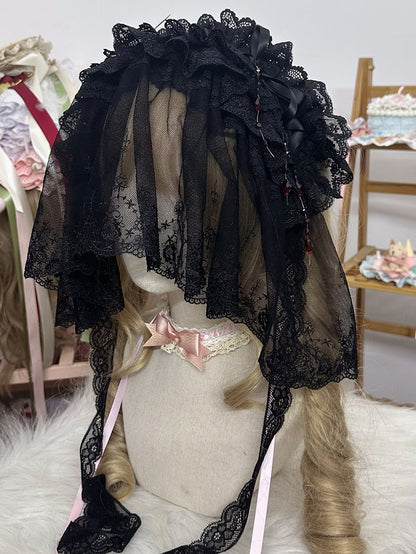 Lace Red Black/White Veil Lolita Hairband Gothic Ruffled Rose Beads With