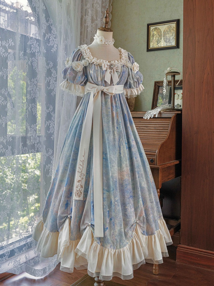 Stück Lolita Maxi One Kleid Taille Elegante Klassische Malerei Blau Empire Öldruck