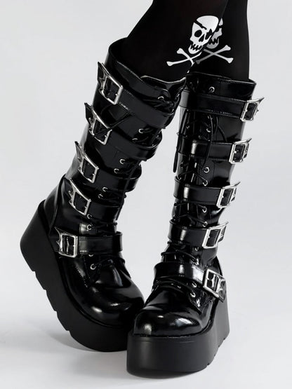 en PU noir hybride style plateforme de sécurité semelle punk système de démarrage à hauteur du genou