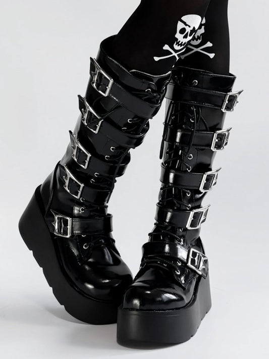 in Boots Security Sole Punk Knee-high System PU with Hybrid Style Black Platform