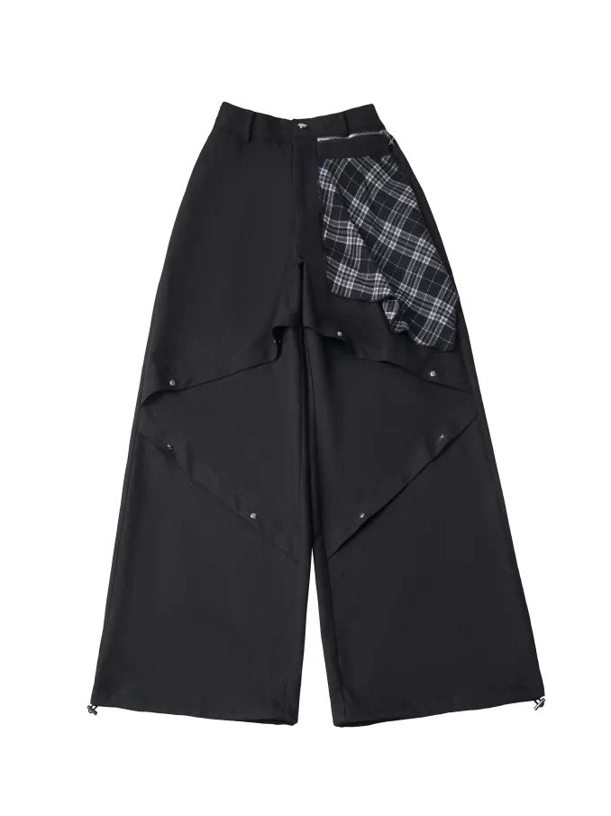 Black Layered Patchwork Pants with Asymmetric Plaid Detailing - PINK SAVIOR