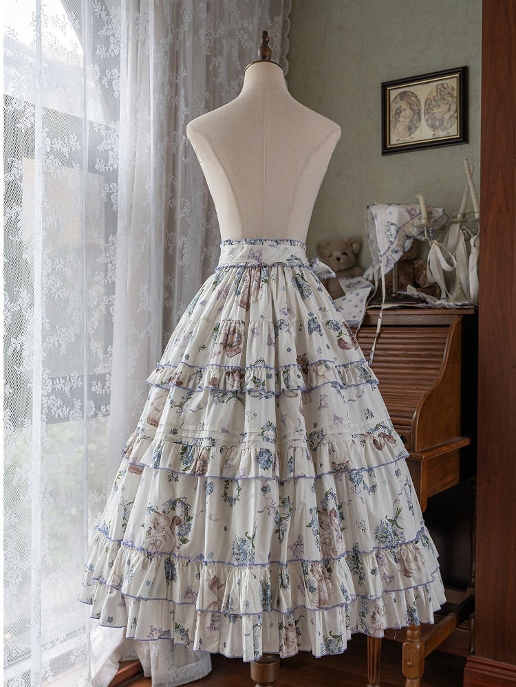 Kitty and Floral Print Front Button Placket Pink House Style Lolita Skirt