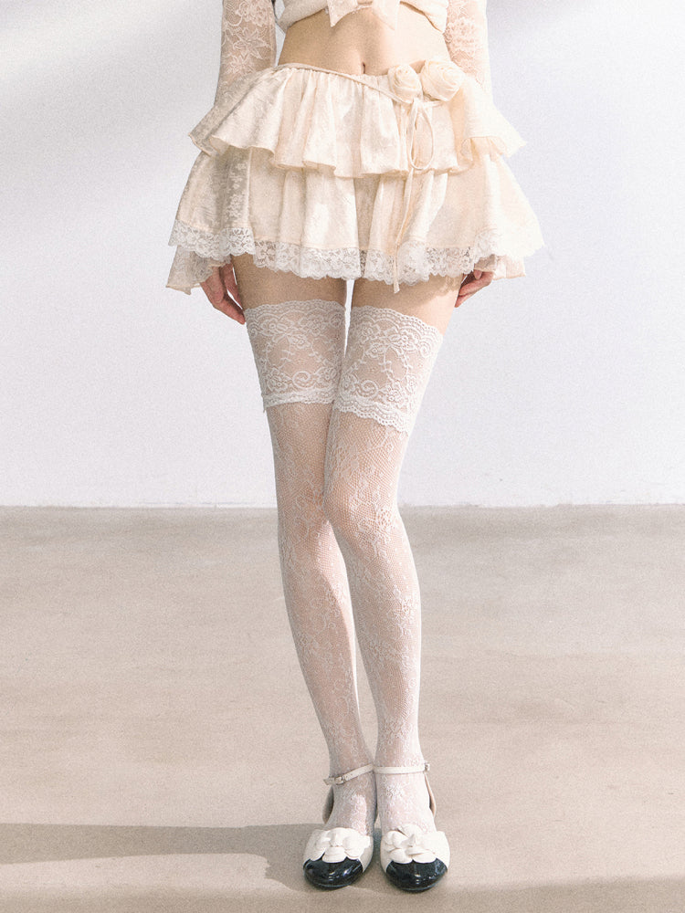 スカート ブラック/アプリコット 伸縮性ウエスト レーストリム 花柄 ティアード ミニ