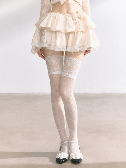 スカート ブラック/アプリコット 伸縮性ウエスト レーストリム 花柄 ティアード ミニ