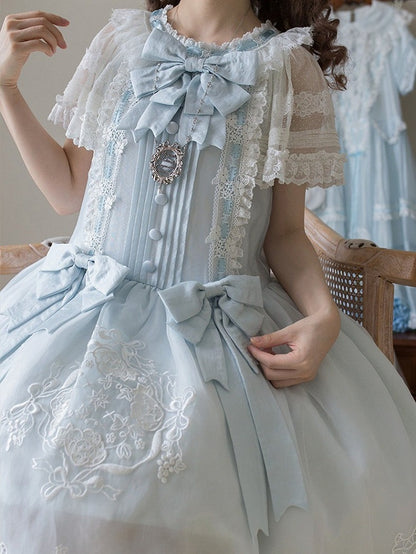 Blue Flutter Sleeve Lolita Dress with Bows and Scallop Trim
