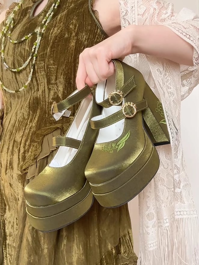 of Valley the Platform Janes Embroidery Lily Bowknot Detachable Green Heel Mary High Block