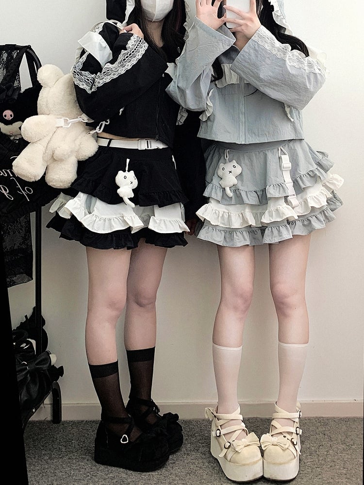 Blue Jirai Kei Techwear Tiered Ruffle Skirt with Kitty Detail