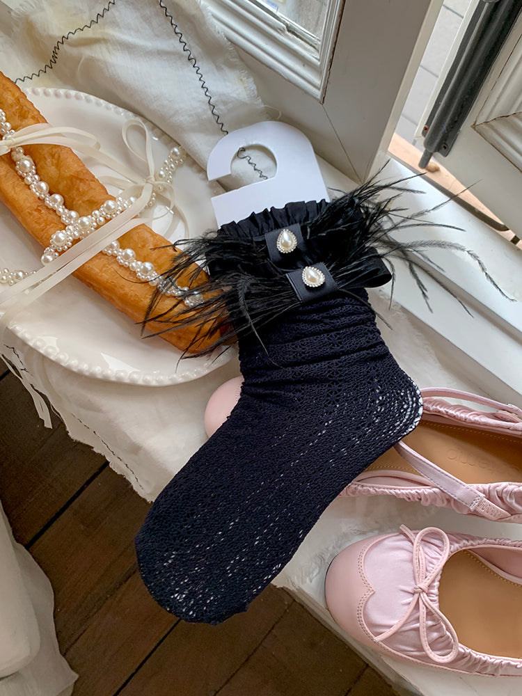 Decoration with Feather Socks White/Black Calf Ruffled Bowknot Creamy Lace