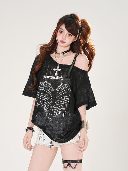 Heart Print Holes Asymmetrical Neckline Distressed