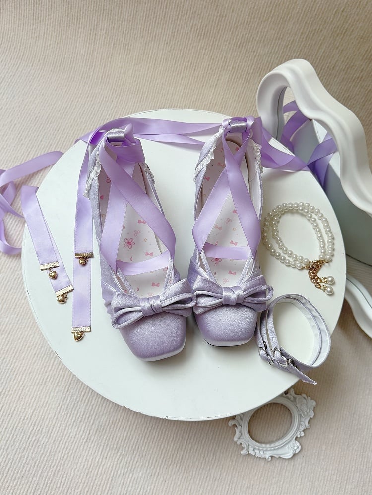 エレガントな3メアリーストラップ付き取り外し可能なパープルアンクルバックルジェーンズトップ（リボン付き）