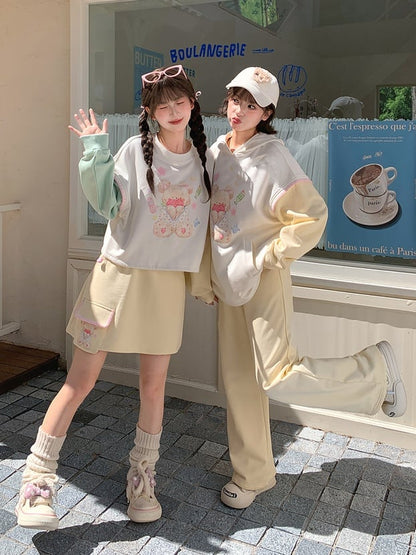 Wide-Leg Casual Pants Regular/Short Version Print Creamy Yellow Elastic Waist Teddy Bear