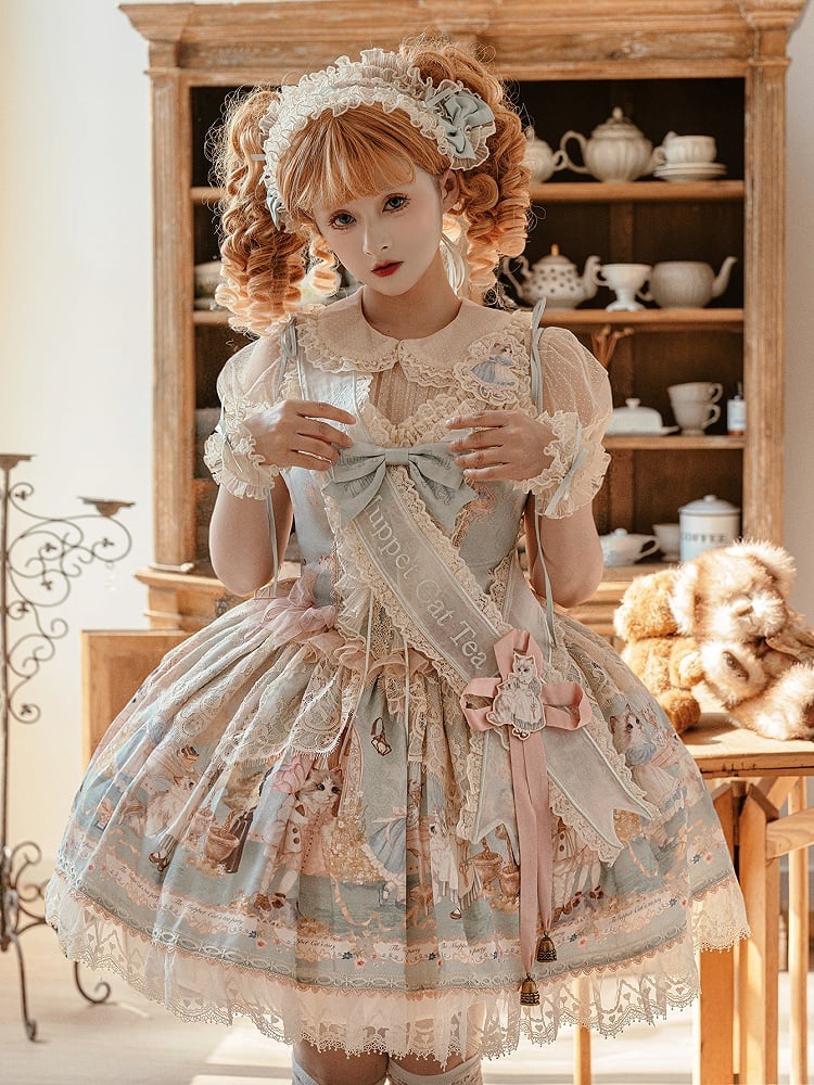 Tea Full Green Corset Mint Sweet Dress Party Print Lolita JSK Bodice Kitty Set