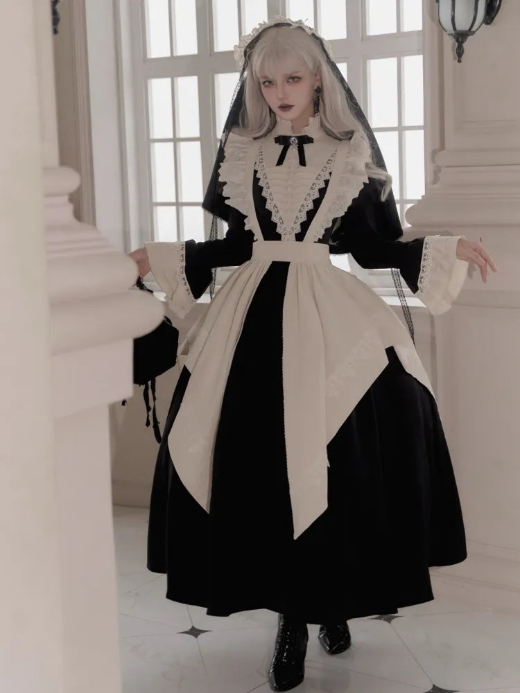 Elegant Black and Beige Ruffle Banded Collar Gothic Nun Lolita Dress Long Version