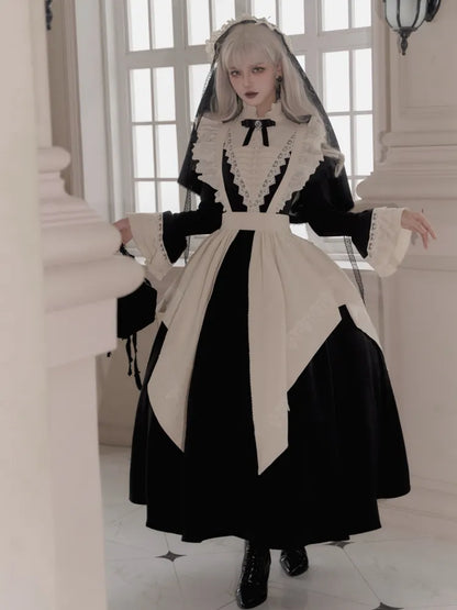 Elegant Black and Beige Ruffle Banded Collar Gothic Nun Lolita Dress Long Version