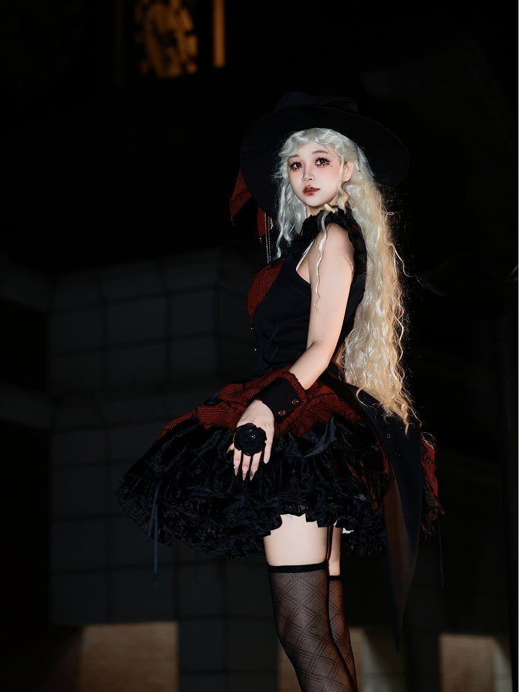 Hem Drawstring Lolita Halloween Gothic Boned and Black Pattern Waist Striped Red Dress