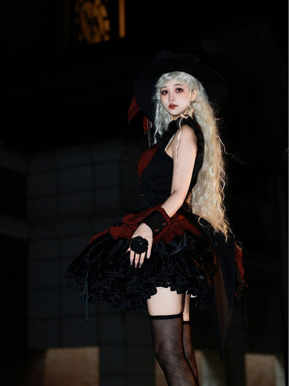 Hem Drawstring Lolita Halloween Gothic Boned and Black Pattern Waist Striped Red Dress