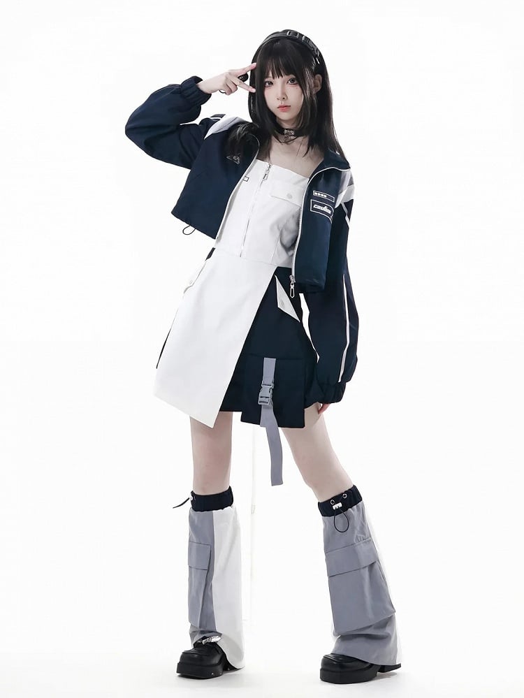 with Loading Bar Embroidery  Partial Front Zipper Blue  White Colorblock Techwear Dress