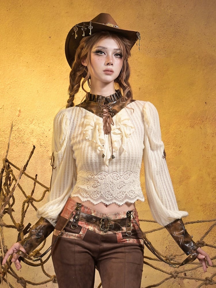Top Knit PU Lacing Brown Steampunk Crisscross Collar + with White Cuffs