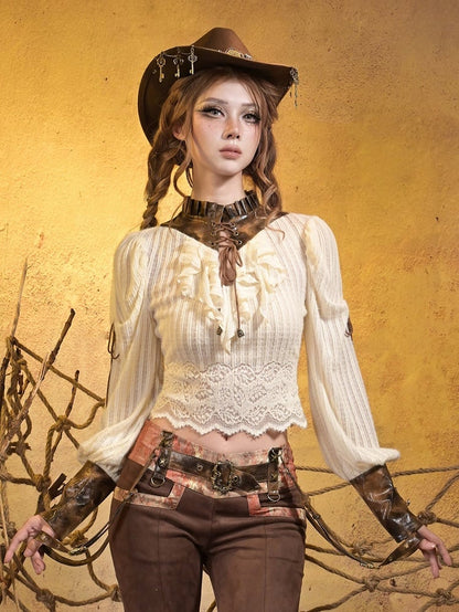 Top Knit PU Lacing Brown Steampunk Crisscross Collar + with White Cuffs