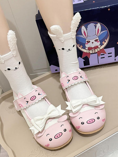Flats Edge with PU Pink Velcro Detachable Print Bow Scalloped Sweet Piggy - Lolita