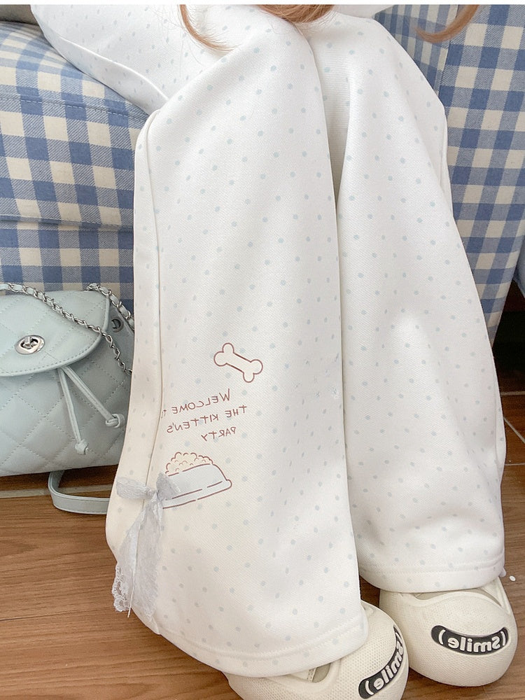 Weiß-blaue Schlaghose, normale/lange Version, gepunktete Spitzenschleife, bezaubernder Kätzchendruck