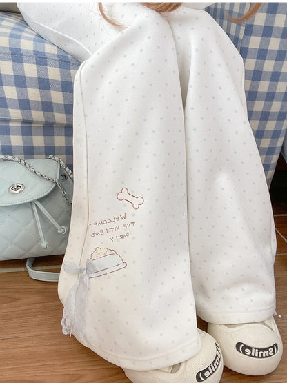 Weiß-blaue Schlaghose, normale/lange Version, gepunktete Spitzenschleife, bezaubernder Kätzchendruck