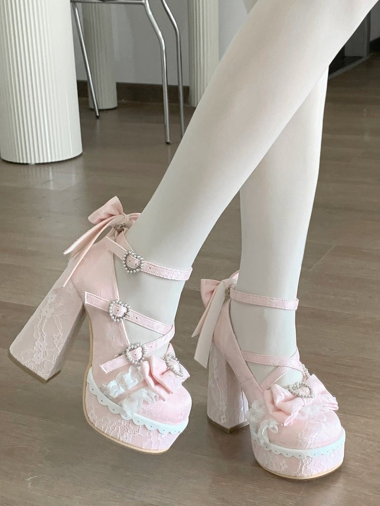 Round High Pink Elegant Block Lolita Bow Heels - Toe Platform Accents