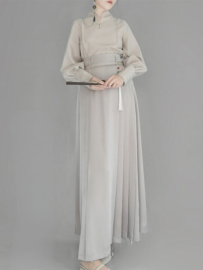 with Light Chain Coffee Box Waistband Zip Side Partial Elastic Detachable Tassel Hidden Waist Pleat Belt Han-inspired at Skirt
