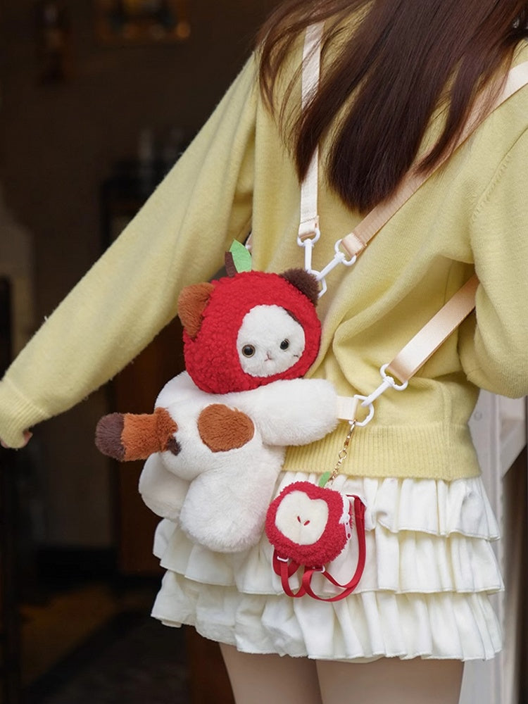 Red Cute Apple Plush Keychian Middle/Large Bag Backpack White Hat Heart Kitty Size + Backpack/Crossbody