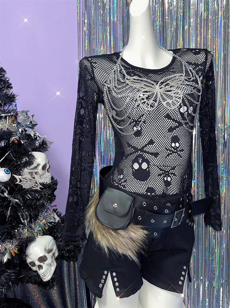 Schwarzer Gürtel mit Kunstpelzbesatz und Schnalle + Gürteltasche mit Druckknopf